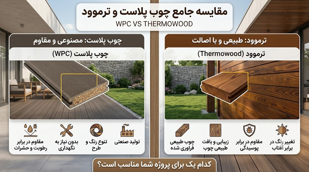 تفاوت ترموود و چوب پلاست؛ کدام متریال برای فضای باز بهتر است؟